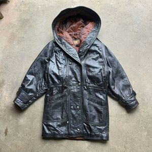 G-III Womens Black Leather Hooded Parka Jacket Quilted Lined Drawstring Size S